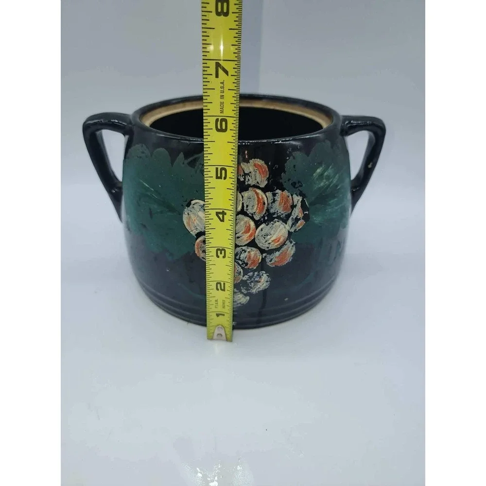 Vintage Black Ceramic Hand Painted Grape Bean Pot Cookie Jar with Lid 2 Handle